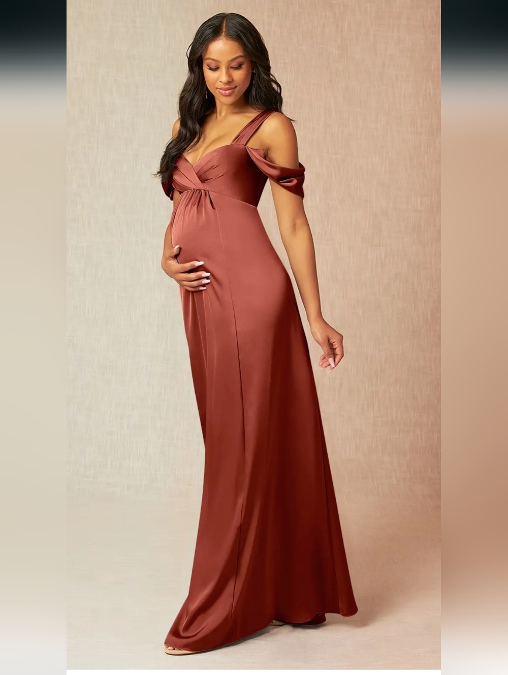 NWT Azazie Maternity Off-The-Shouler Stretch Satin Dress Size 6 - Picture 5 of 15
